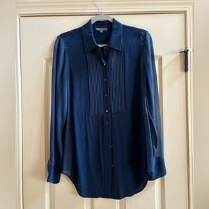 NWT Vince Silk Navy Button Down Sheer Pleated Tuxedo Officer Blouse